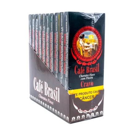 Display da Cigarrilha Finos Café Brasil Cravo com 10 maços, charuto fino artesanal com piteira e aroma de cravo.
