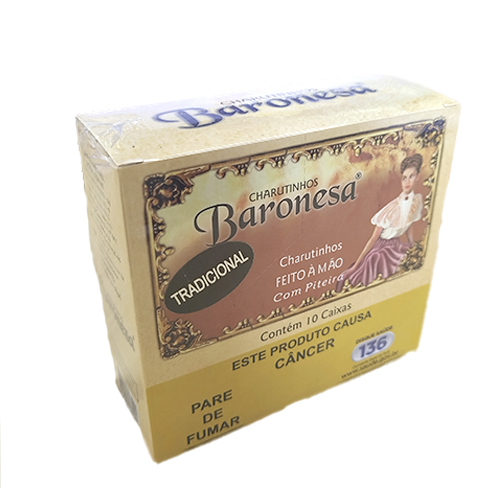 Charutinho Baronesa Tradicional com Piteira | Caixa com 50 unidades 1 Embalagem do Charutinho Baronesa Tradicional com Piteira: caixa dourada e bege com ilustração clássica, contendo charutinhos feitos à mão, sabor tradicional.